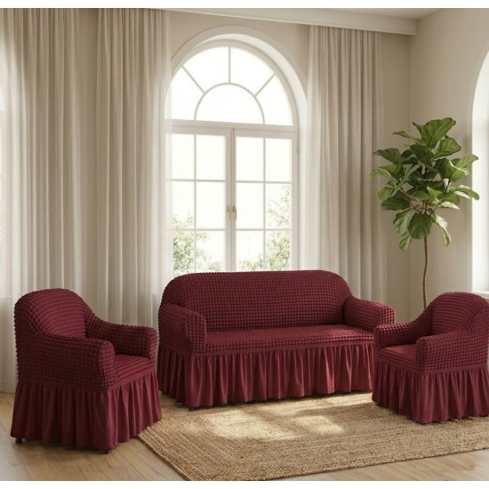                                                 Set Complet Huse Elastice pentru Canapea 3 Locuri și 2 Fotolii, Material Creponat cu Volane, Bordo
