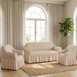                                                 Set Complet Huse Elastice pentru Canapea 3 Locuri și 2 Fotolii, Material Creponat cu Volane, Crem