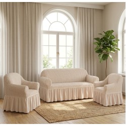                                                 Set Complet Huse Elastice pentru Canapea 3 Locuri și 2 Fotolii, Material Creponat cu Volane, Crem