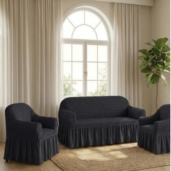                                                 Set Complet Huse Elastice pentru Canapea 3 Locuri și 2 Fotolii, Material Creponat cu Volane, Gri Antracit