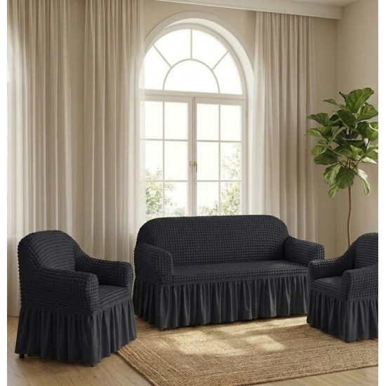                                                 Set Complet Huse Elastice pentru Canapea 3 Locuri și 2 Fotolii, Material Creponat cu Volane, Gri Antracit
