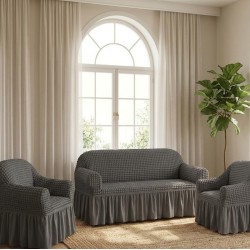                                                 Set Complet Huse Elastice pentru Canapea 3 Locuri și 2 Fotolii, Material Creponat cu Volane, Gri