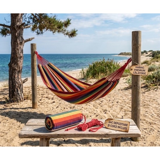                                                   Hamac relaxare textil multicolor 100 x 200 CM cu salculet depozitare