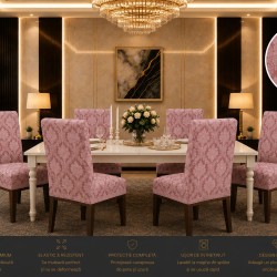                                                   Set 6 Huse Elastice pentru Scaune Jacquard – Model Floral Elegant, Roz Prăfuit