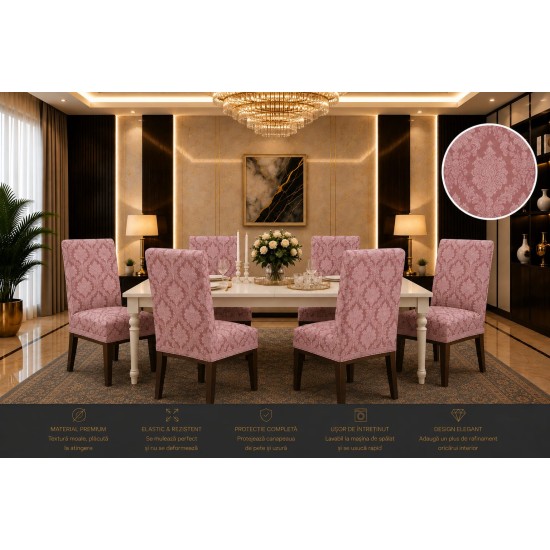                                                   Set 6 Huse Elastice pentru Scaune Jacquard – Model Floral Elegant, Roz Prăfuit