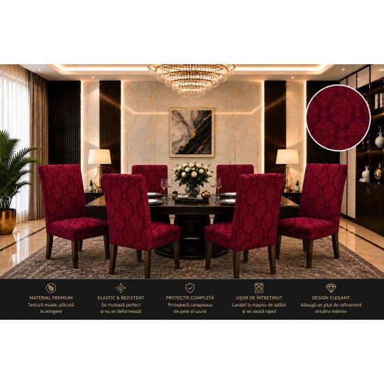                                                   Set 6 Huse Elastice pentru Scaune Jacquard – Model Floral Elegant, Grena Regal