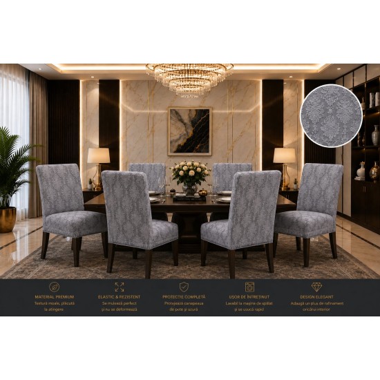                                                   Set 6 Huse Elastice pentru Scaune Jacquard – Model Floral Elegant, Gri Perlat