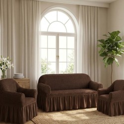                                                 Set Complet Huse Elastice pentru Canapea 3 Locuri și 2 Fotolii, Material Creponat cu Volane, Maro