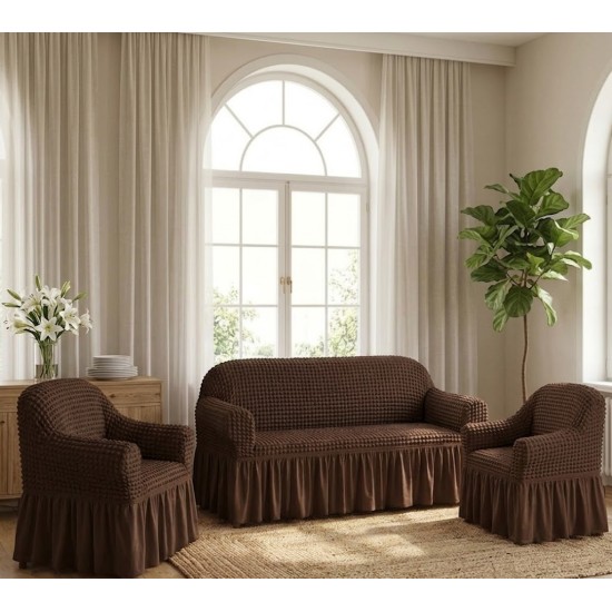                                                 Set Complet Huse Elastice pentru Canapea 3 Locuri și 2 Fotolii, Material Creponat cu Volane, Maro