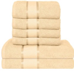  Set Prosoape Bumbac 6 Piese – 420 GSM, Bej, cu Bordură Decorativă