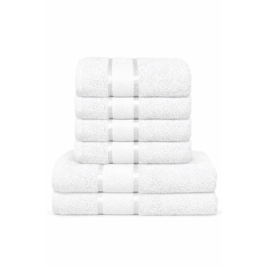  Set Prosoape Bumbac 6 Piese – 420 GSM, Alb, cu Bordură Decorativă
