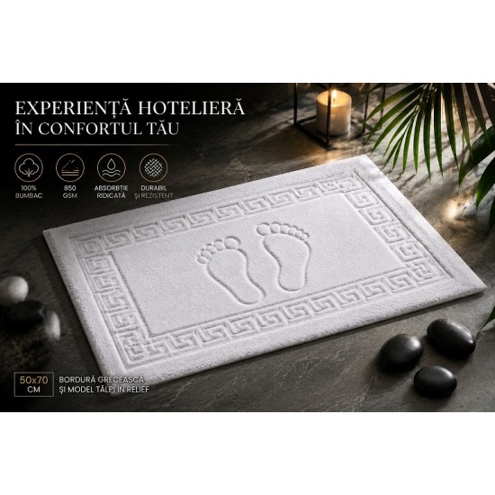  Covoraș de baie hotelier 50x70 cm, 850 GSM, 100% Bumbac, Bordură Grecească și Model Tălpi