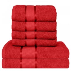  Set Prosoape Bumbac 6 Piese – 420 GSM, Roșu, cu Bordură Decorativă
