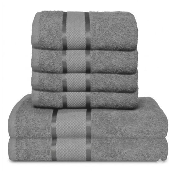  Set Prosoape Bumbac 6 Piese – 420 GSM, Gri, cu Bordură Decorativă