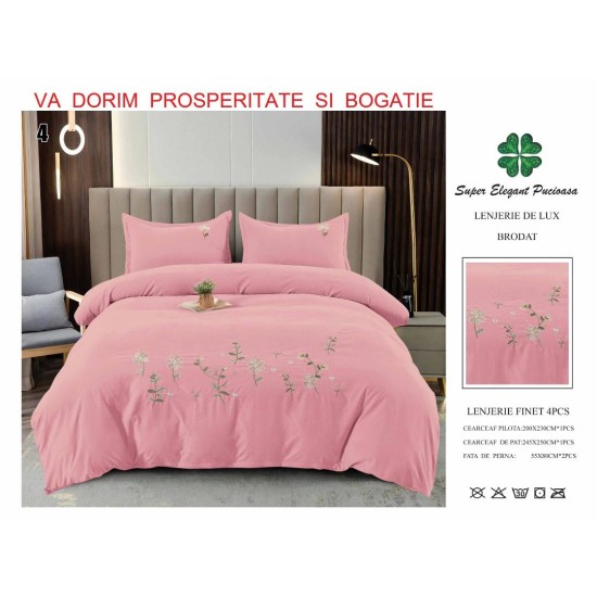                                                        Lenjerie de Pat Lux Finet Brodată 4 Piese – Elegant Pucioasa – Pat 2 Persoane