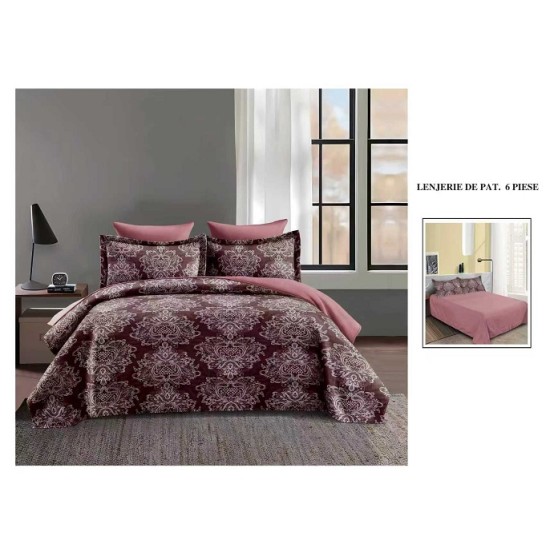                 Lenjerie de Pat cu Inserții Brodate – Set 6 Piese, Pat Matrimonial