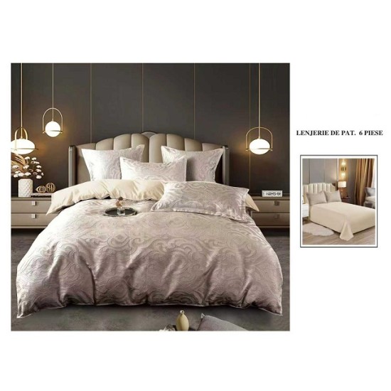                 Lenjerie de Pat cu Inserții Brodate – Set 6 Piese, Pat Matrimonial